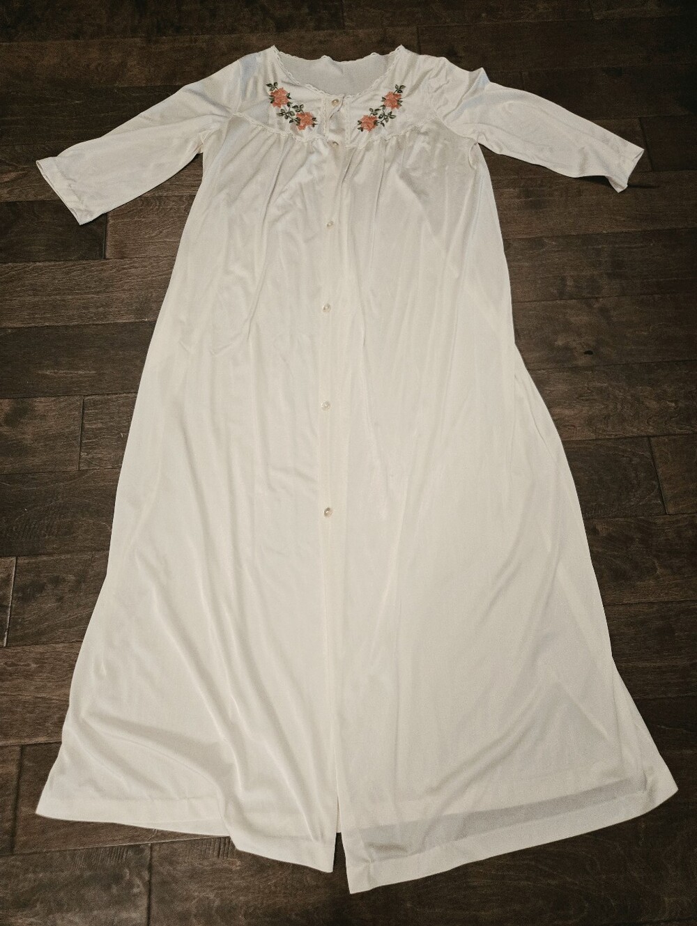 1970s Vintage Long House Robe, Coat, Beige Floral, Mid Length Sleeve, Size S/M